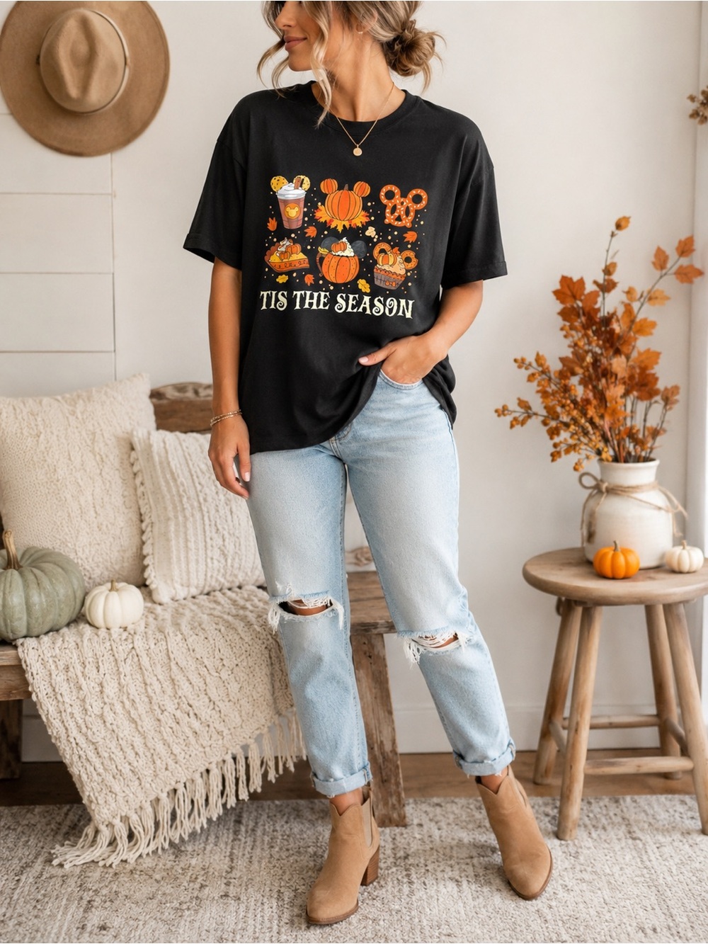 Halloween Pumpkin Coffee Graphic T-Shirt XL Black Fall Autumn Tee Mickey Inspire